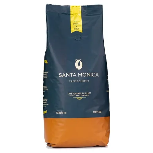Pacote de café em grão de rótulo azul e laranja