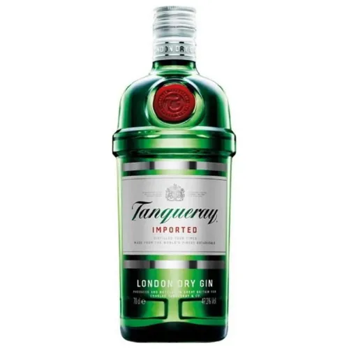Garrafa de gin larga, verde com rótulo branco