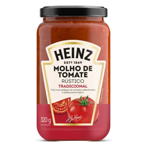 Vidro de molho de tomate com tampa preta e rótulo branco