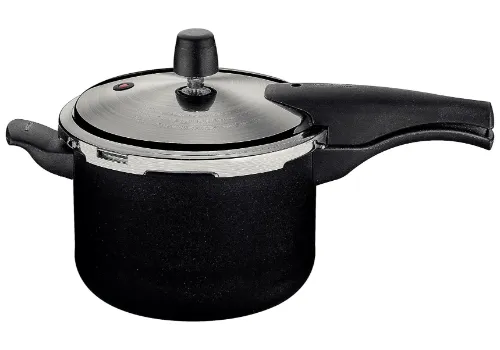 Panela de pressão grande preta com cabo preto