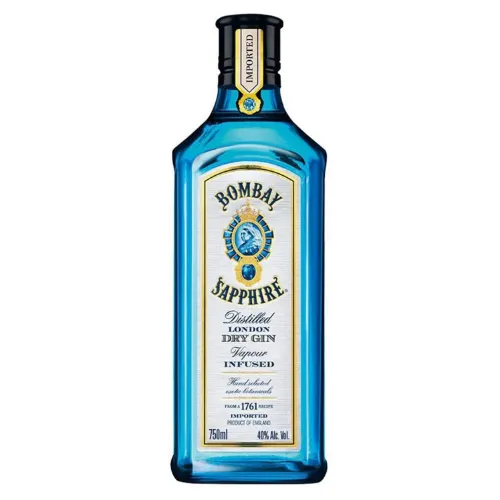 Garrafa de gin estreita, azul, com rótulo branco