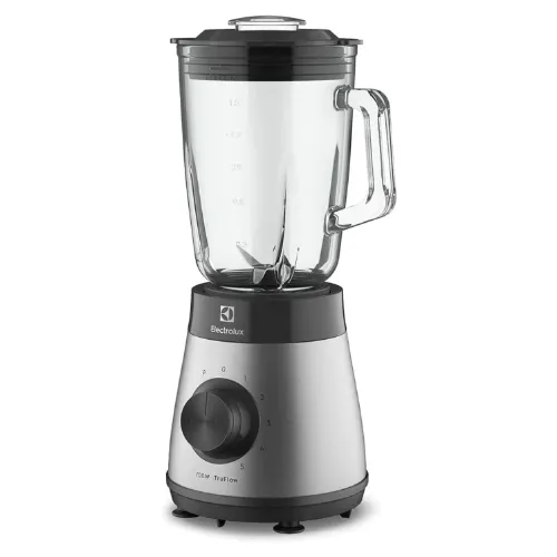 Liquidificador de vidro com base redonda em inox e botão preto