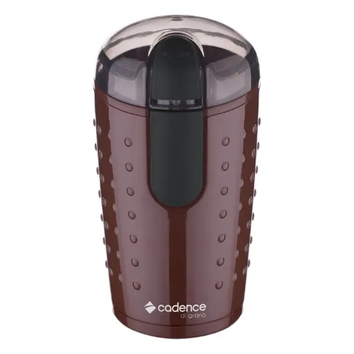 Moedor de café elétrico vermelho com botão preto e tampa transparente
