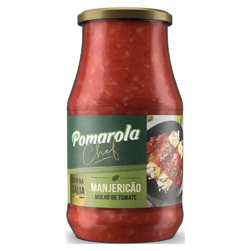 Vidro de molho de tomate longo e estreito com tampa e rótulos verdes
