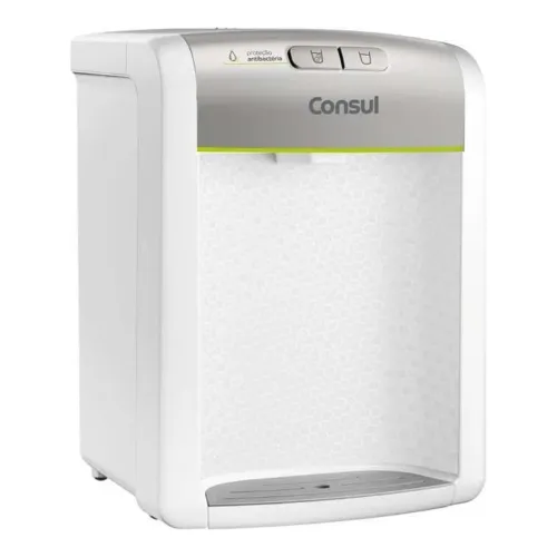 Purificador de água grande e largo, branco, com painel cinza com 2 botões