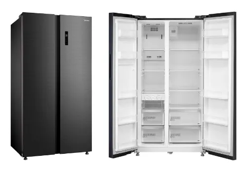 Geladeira side by side preta com 2 portas iguais e painel touch pequeno