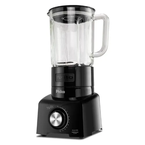 Liquidificador com jarra de vidro com base quadrada e botão prata