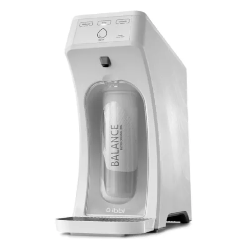 Purificador branco estreito e alto com 3 botões touch e refil a mostra