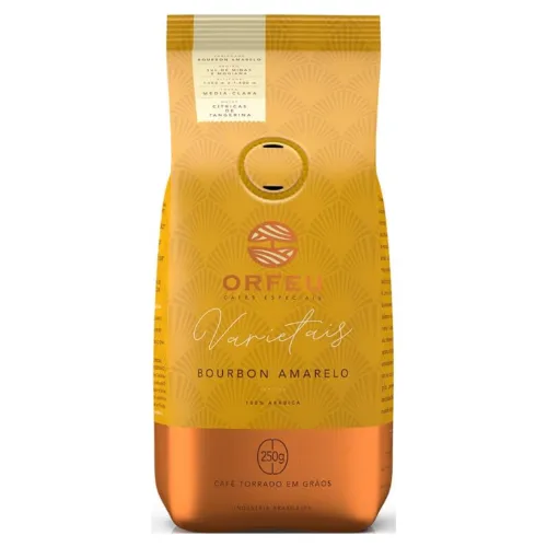 Pacote de café em grão amarelo e dourado