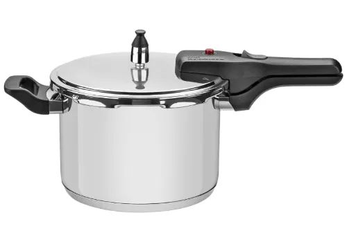 Panela de inox grande, com cabo preto e válvula pequena