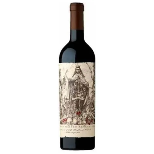 Vinho argentino com tampa roxa e rótulo com gravuras