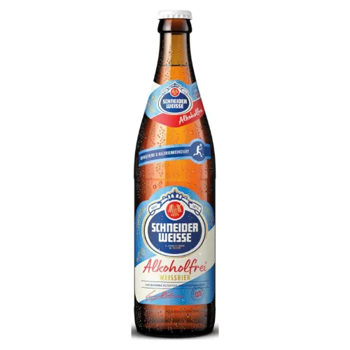 Garrafa de cerveja sem álcool com rótulo azul e branco