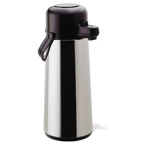 Bule térmico com exterior em inox polido, parte superior preta com válvula e alça móvel