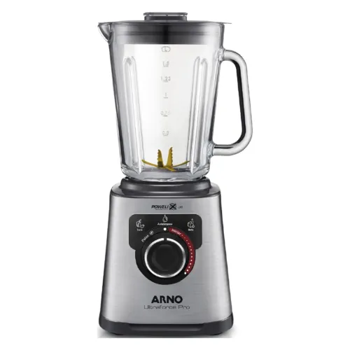 Liquidificador de vidro com base inox, botão redondo e botões de funções