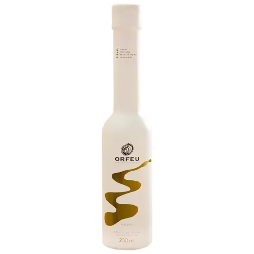 Garrafa de azeite extra virgem pequena e fina com rótulo todo branco