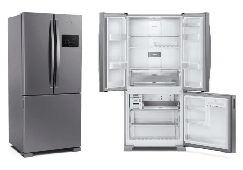 Geladeira french door 3 portas inox com puxador metálico