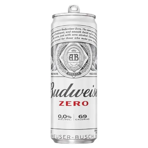 Lata de cerveja sem álcool com rótulo branco e prateado