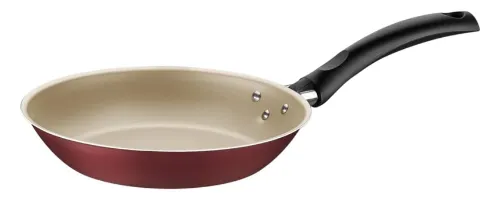 Frigideira que não gruda com revestimento dourado e exterior vermelho