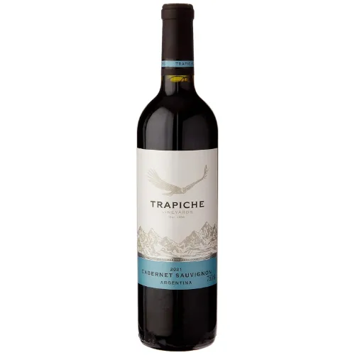 Vinho argentino com rolha preta e rótulo branco e azul