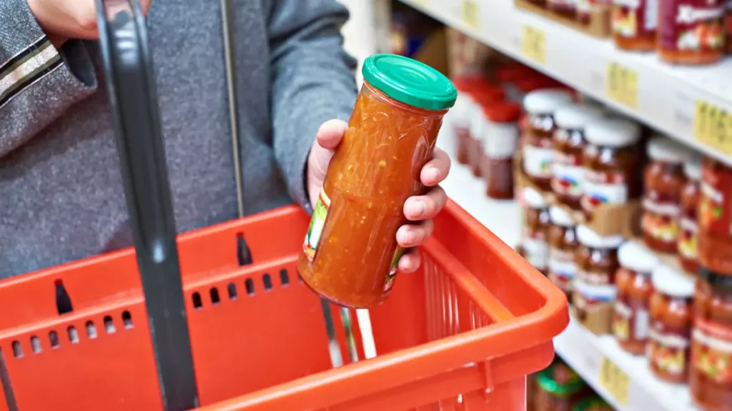 Pessoa colocando molho de tomate em cesta de supermercado