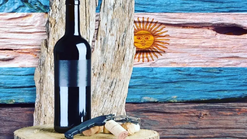 Garrafa de vinho argentino atrás de bandeira