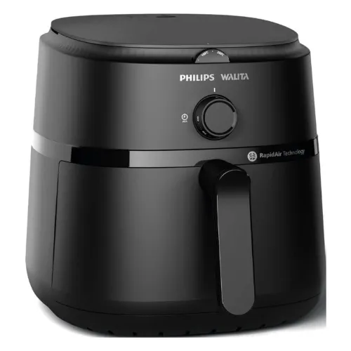 Air fryer toda preta com cesto inferior e seletores analógicos