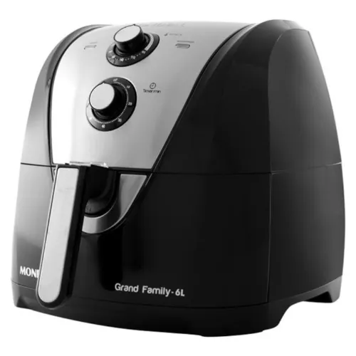 Fritadeira sem óleo com cesto inferior, painel de inox e dois seletores analógicos alinhados