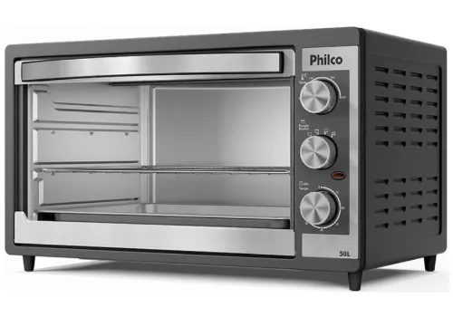 Forno de bancada com painel preto e seletores cinza com puxador metálico