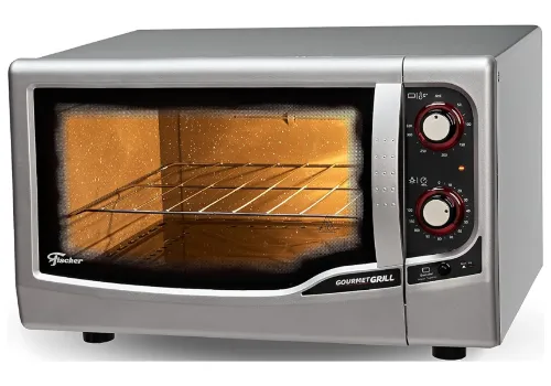 Forno elétrico com dois seletores vermelhos, porta de vidro duplo exterior cinza