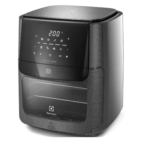 Fritadeira sem óleo do tipo forno toda preta com painel digital superior bem grande e porta que abre para baixo