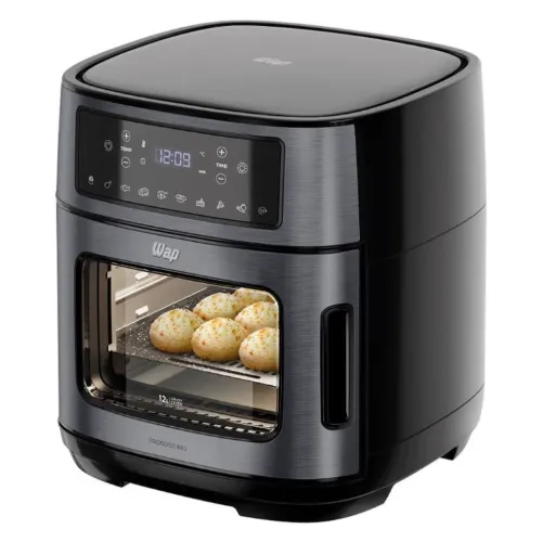 Fritadeira elétrica do tipo forno com frente em inox polido com porta de abertura lateral