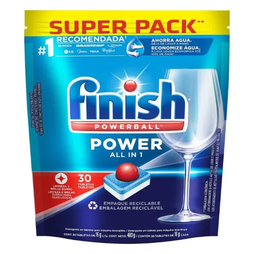 Pacote grande de tabletes para lavar louça com rótulo azul e amarelo