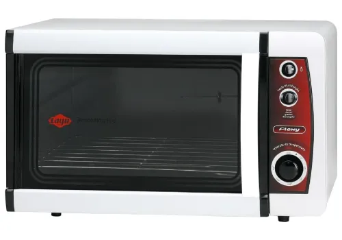 Forno com exterior todo branco, porta com vidro preto, um seletor e duas chaves