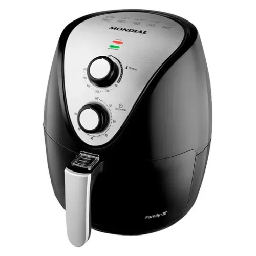 Fritadeira pequena com cesto inferior e painel de inox pequeno com dois seletores mecânicos