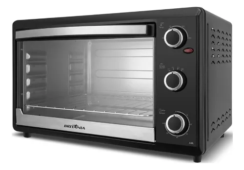 Forno de bancada com painel e laterais pretos, porta de vidro e puxador prateado