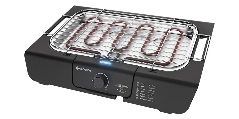 Churrasqueira elétrica preta com seletor e resistência única em garfo