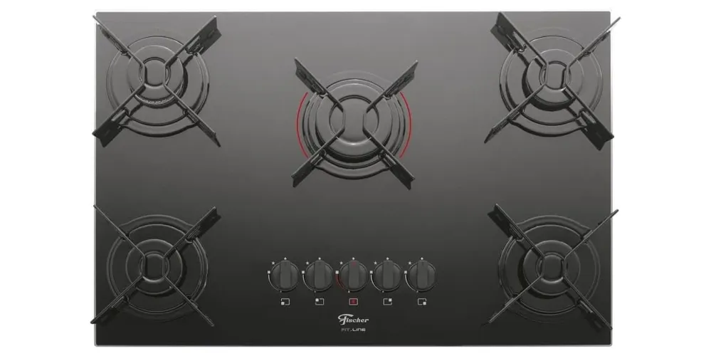 Cooktop 5 bocas com 4 queimadores pequenos nos cantos e 1 grande no meio