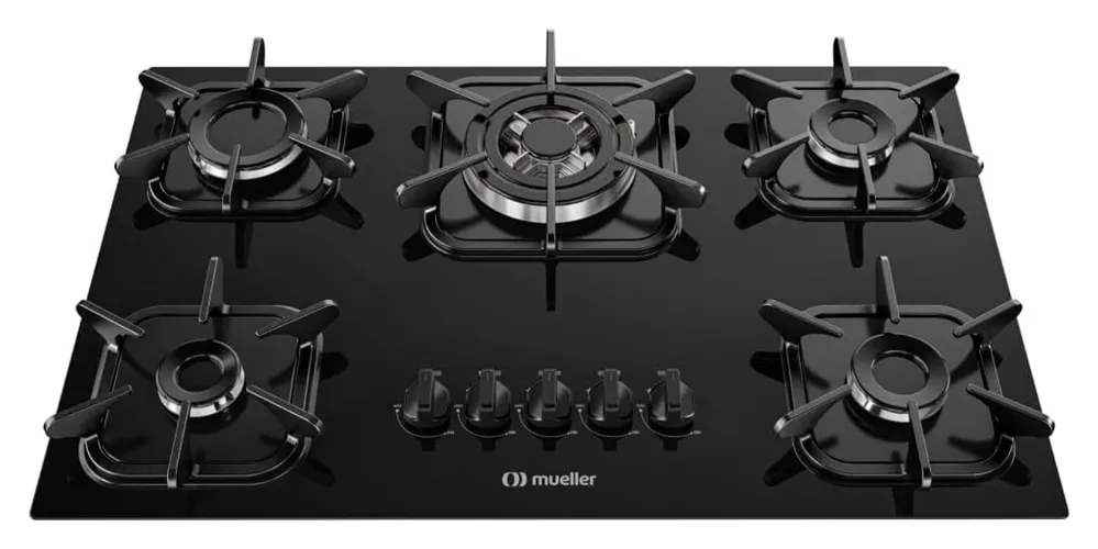 Cooktop com 1 tripla chama no meio, 3 semi-rápidos e um rápido no cantos
