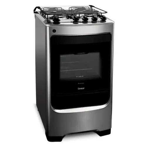 Fogão com 4 bocas em inox com tampa de vidro preto e tampa de vidro