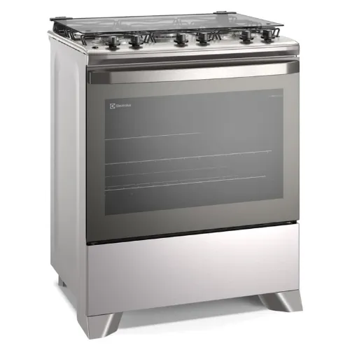 Fogão com 5 chamas inox com mesa de inox e tampa de vidro
