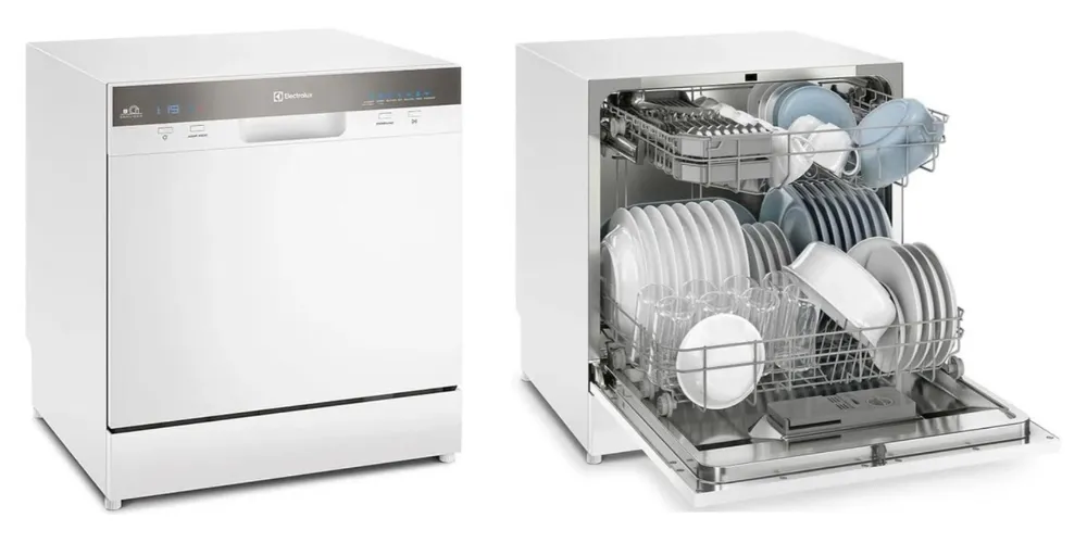 Máquina de lavar louça 8 serviços branca quadrada com painel cinza pequeno