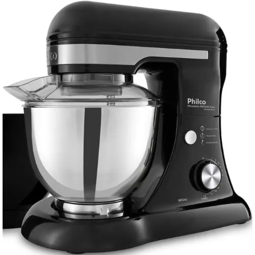 Batedeira preta com duas tigelas inox e plástico