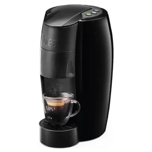 Cafeteira em formato de torre preta com dispenser de cápsulas