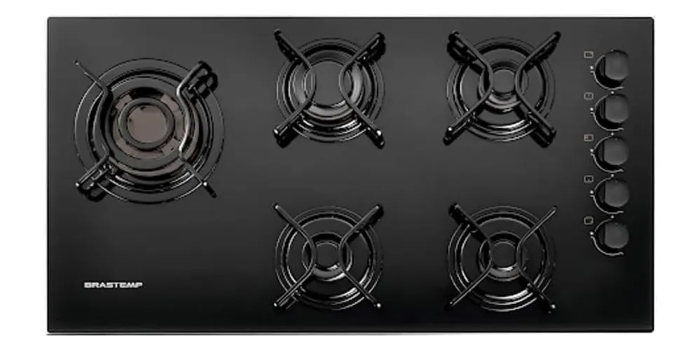 Fogão cooktop com 4 queimadoras a direita e 1 quadrichama a esquerda