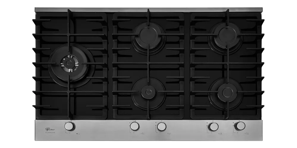 Cooktop 5 bocas com trempes de ferro contínuas e tripla chama a esquerda