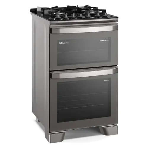 Fogão 4 bocas cinza com dois fornos e tampa de vidro preta