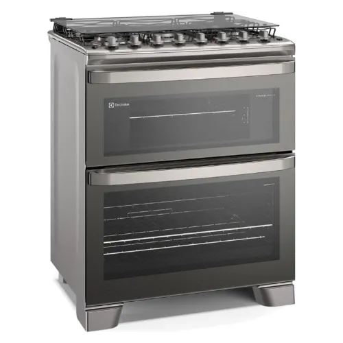 Fogão 5 bocas com forno duplo e acabamento inox