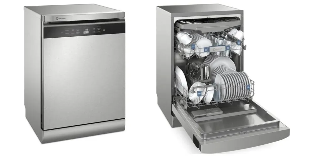 Lava louças de 14 serviços grande com porta e laterais em inox e painel preto bem grande