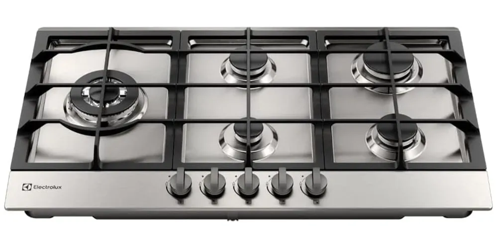 Cooktop inox com 4 queimadores pequenos a direita e dupla chama a esquerda