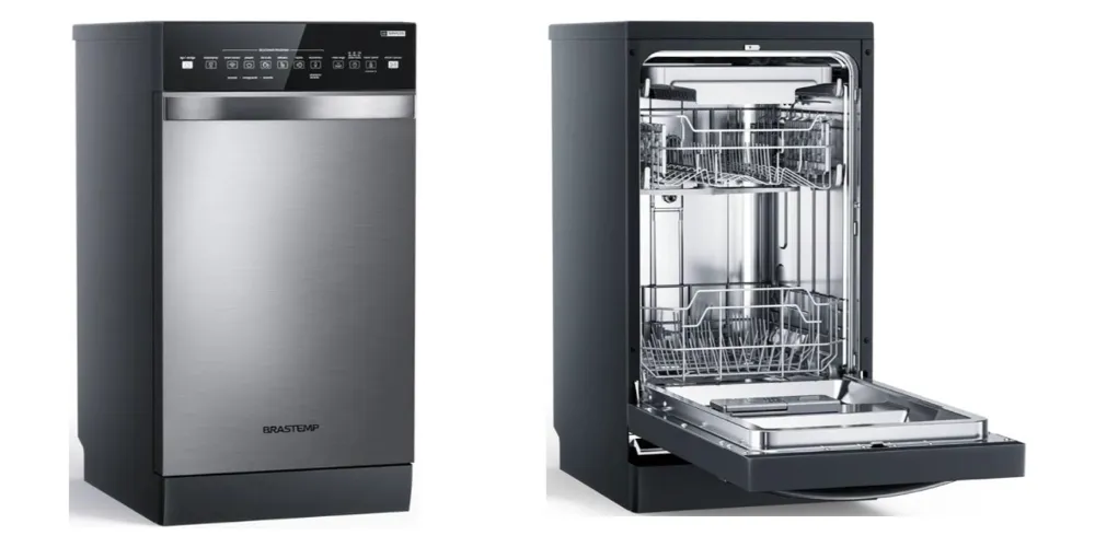 Máquina de lavar louça estreita e alta com frente e traseira cinza e painel preto grande